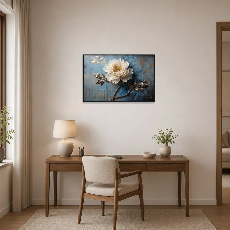 Home office uplifted by elegant white flower artwork on blue.