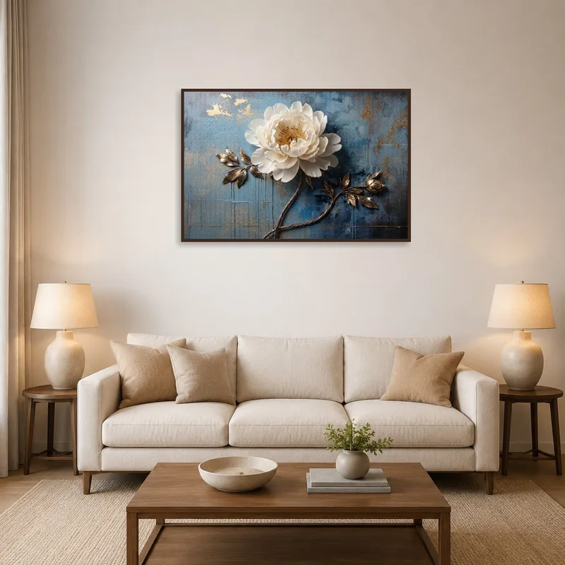 White flower art on blue wall, enhancing a cozy living room.