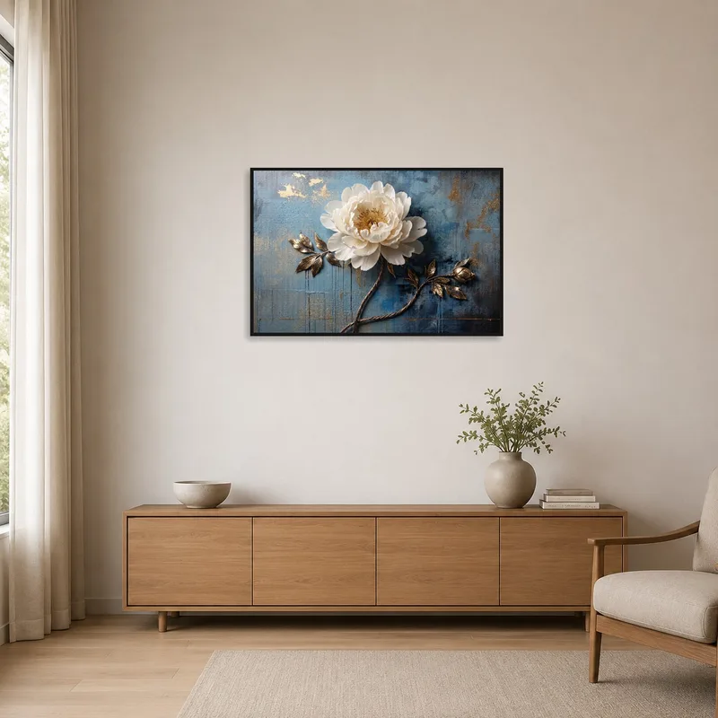 Simple space with white flower art on a textured blue wall.
