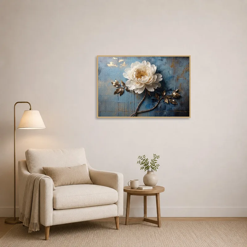 Reading corner adorned with elegant white flower art on blue.