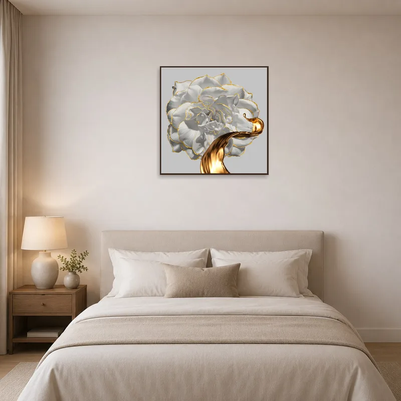 The white rose with gold accents print graces a bedroom wall, infusing elegance and tranquility.