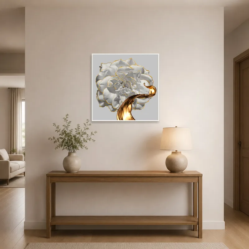 Elegant white rose print enhanced with gold accents placed in an entrance hall for a graceful welcome.