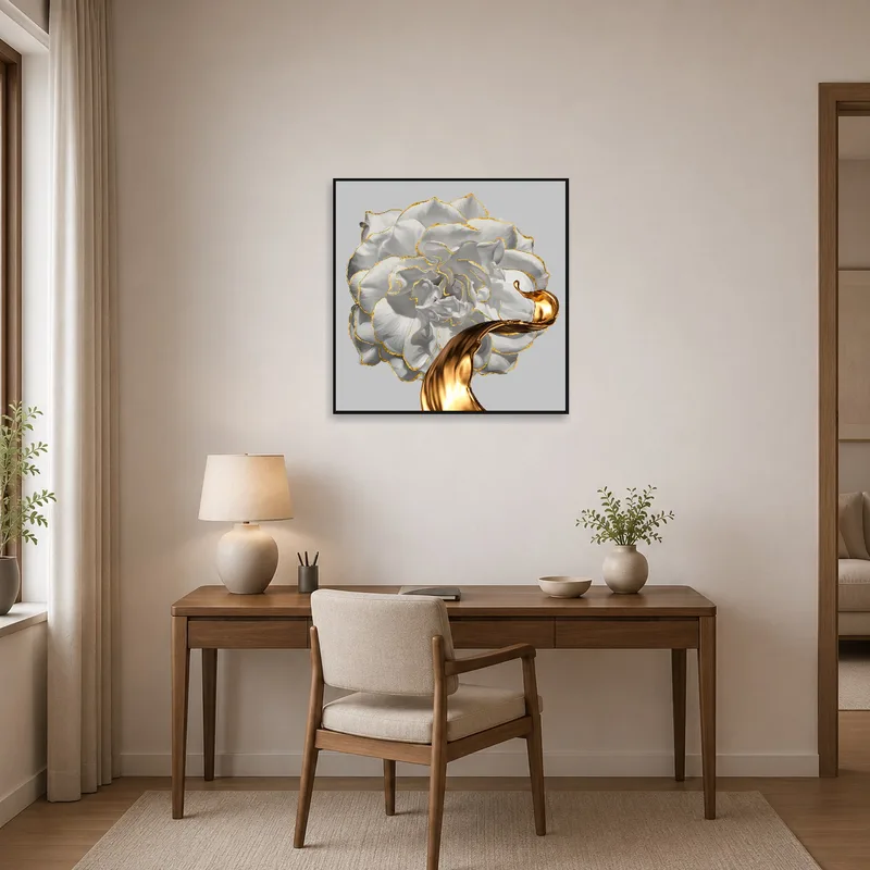 A home office showcasing the white rose print with gold accents, lending a refined and stylish vibe.