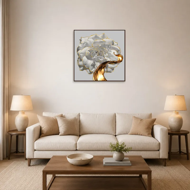 An elegant white rose print with gold accents on a living room wall, adding a touch of sophistication.