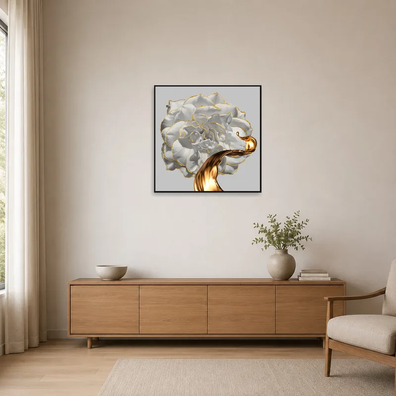 The white rose print with gold accents displayed in a minimalist room, offering a chic, subtle flair.