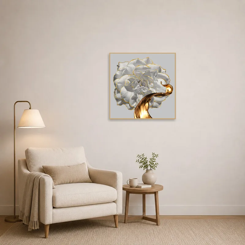 A cozy reading corner featuring a white rose print with gold accents, creating a serene atmosphere.