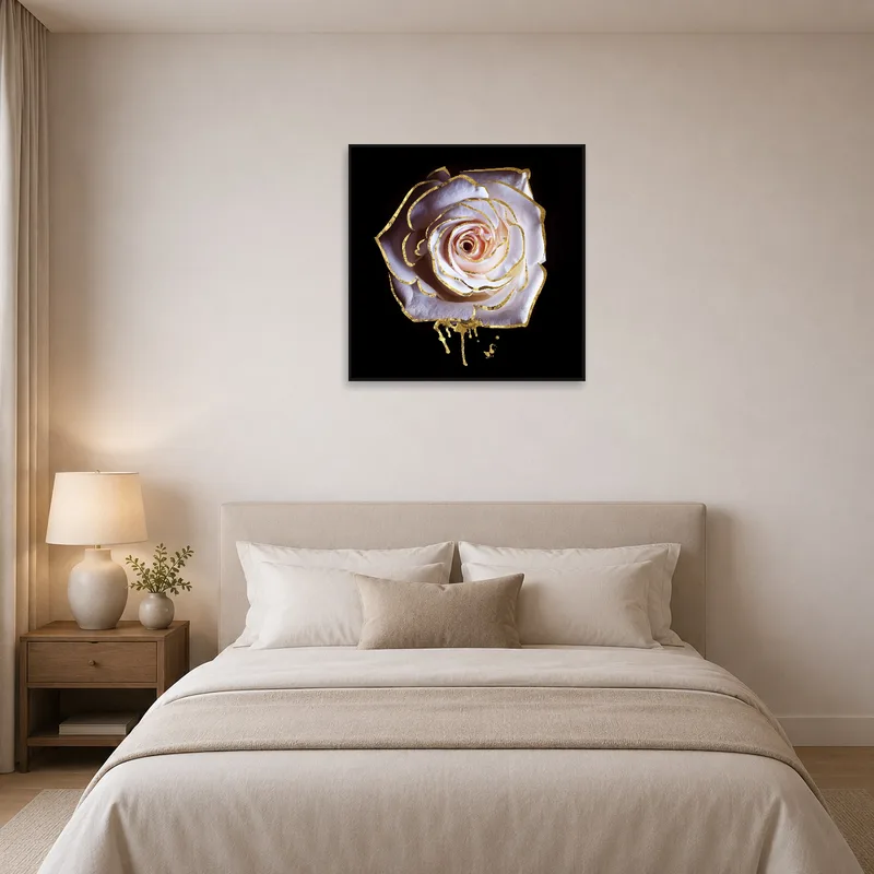 Serene bedroom setting with elegant white rose artwork accented with a touch of gold.