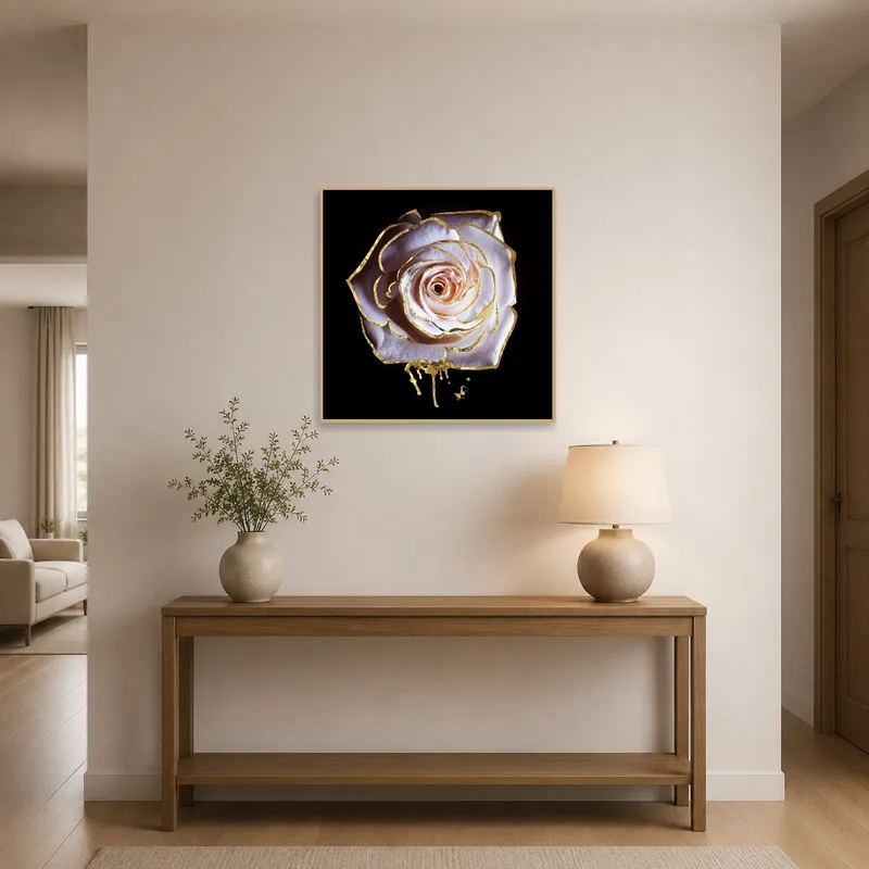 Welcoming entrance hall featuring a white rose artwork highlighted with gold tones.