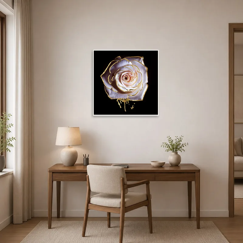 Stylish home office featuring a white rose art piece with luxurious golden highlights.