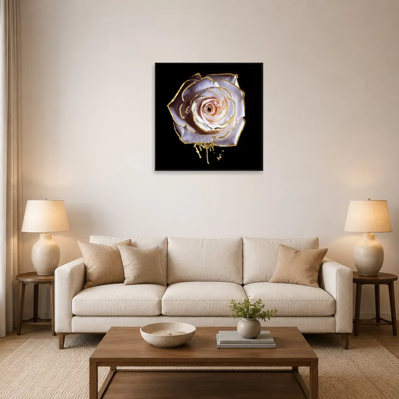 Elegant white rose art with golden accents above a modern sofa in a chic living room.
