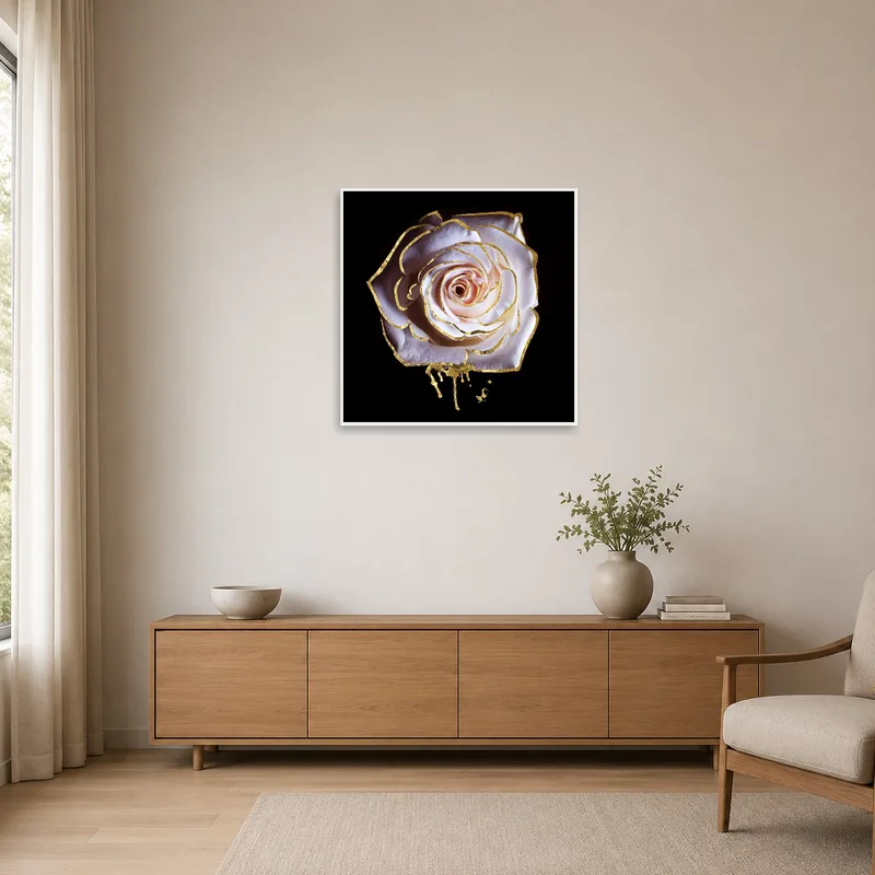 Sophisticated white rose art with subtle gold details against a clean minimalist backdrop.