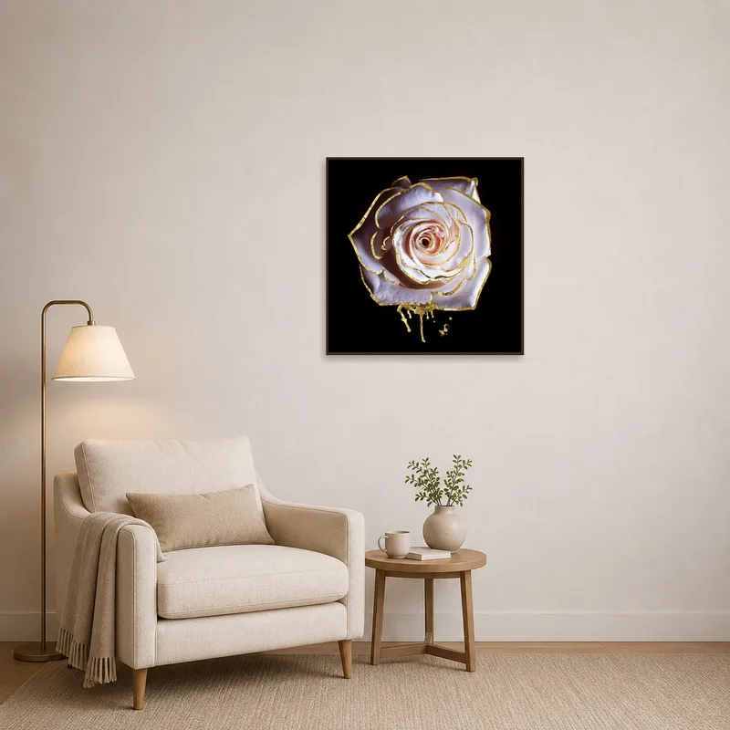 Tranquil reading corner adorned with a white rose artwork and gleaming golden accents.