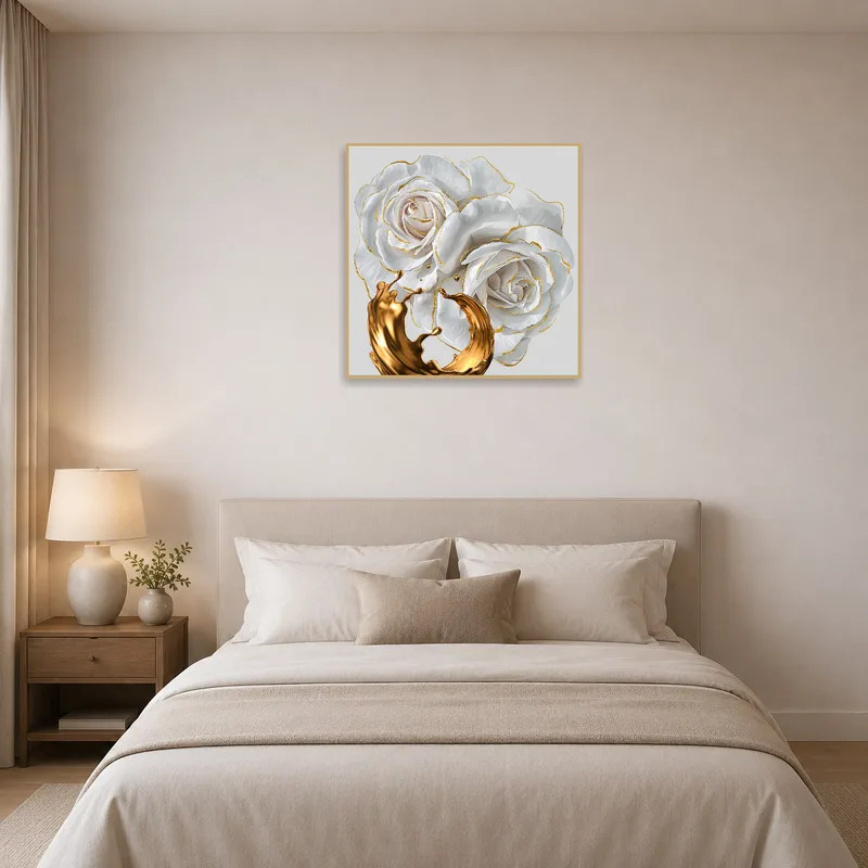 Bedroom with Elegant White Roses and Gold Accents artwork above the bed.