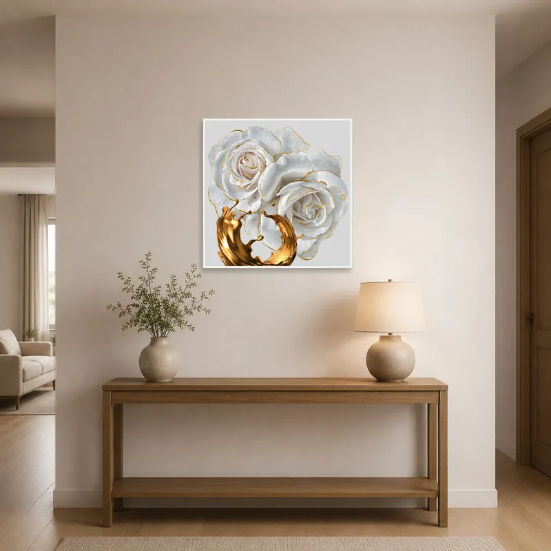 Entrance hall showcasing Elegant White Roses and Gold Accents artwork by the side table.