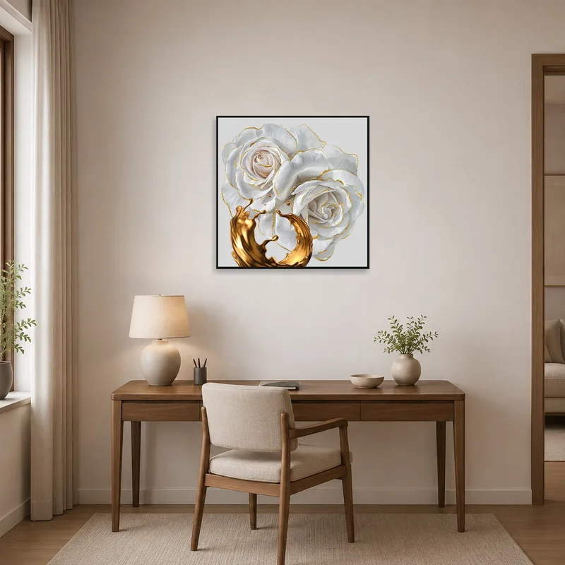 Home office displaying Elegant White Roses and Gold Accents artwork behind a stylish desk.