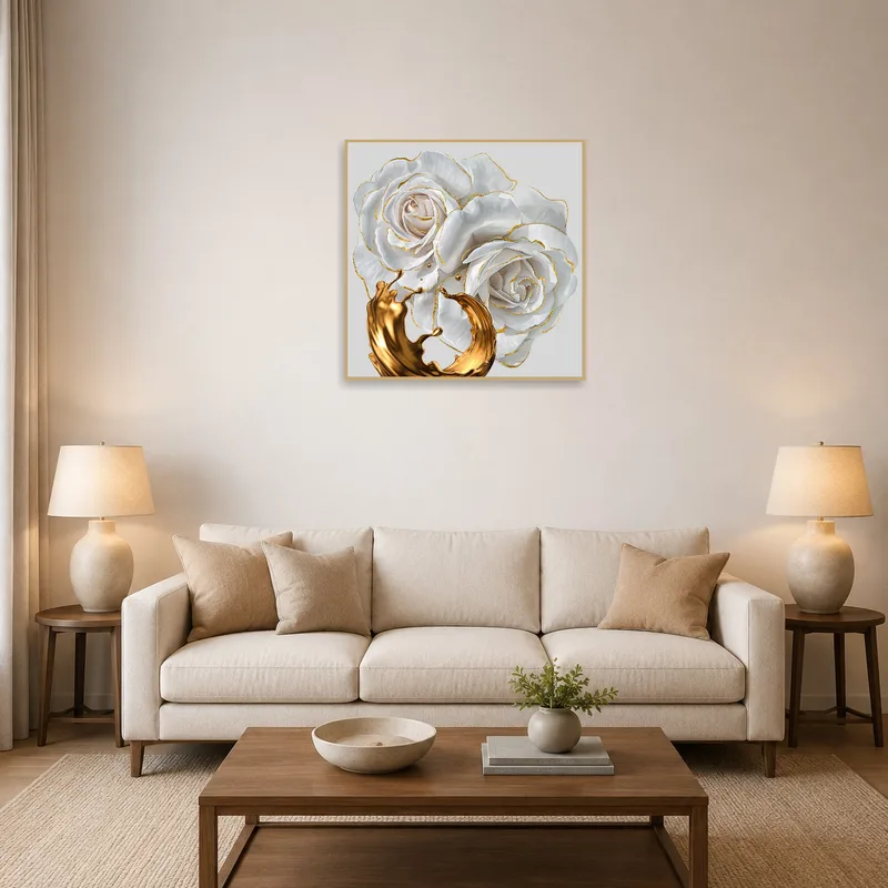 Living room with Elegant White Roses and Gold Accents artwork above a modern couch.