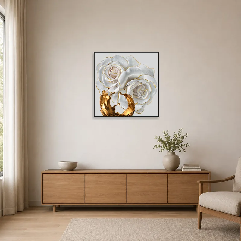 Minimalist space featuring Elegant White Roses with Gold Accents artwork on a white wall.