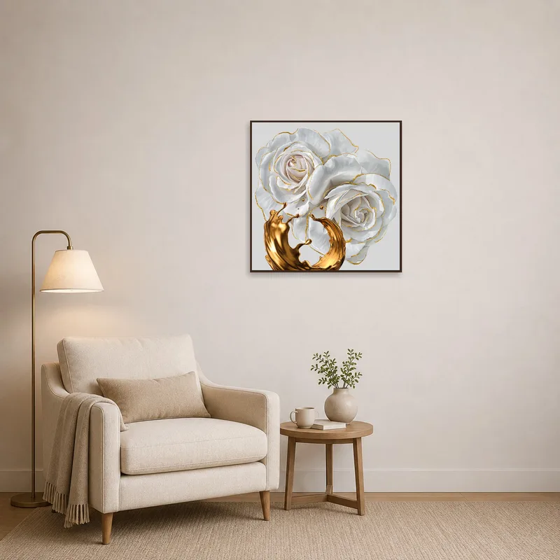 Reading corner adorned with Elegant White Roses and Gold Accents artwork near a comfy chair.