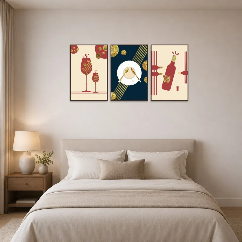 Triptych set adds warmth and style to a tranquil bedroom.