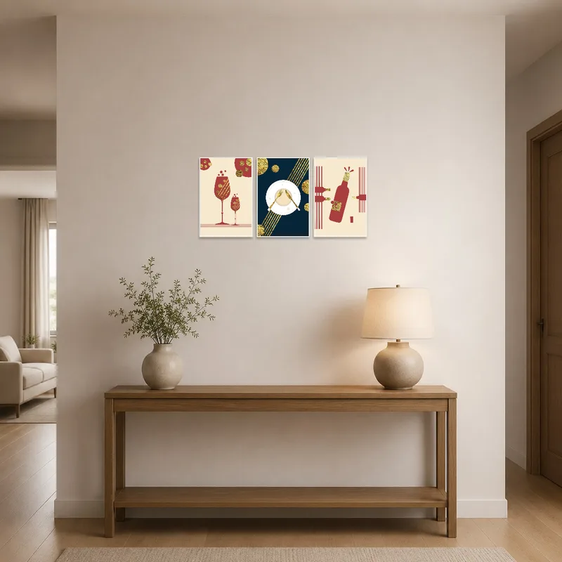 Triptych set greets guests in a stylish entrance hall.