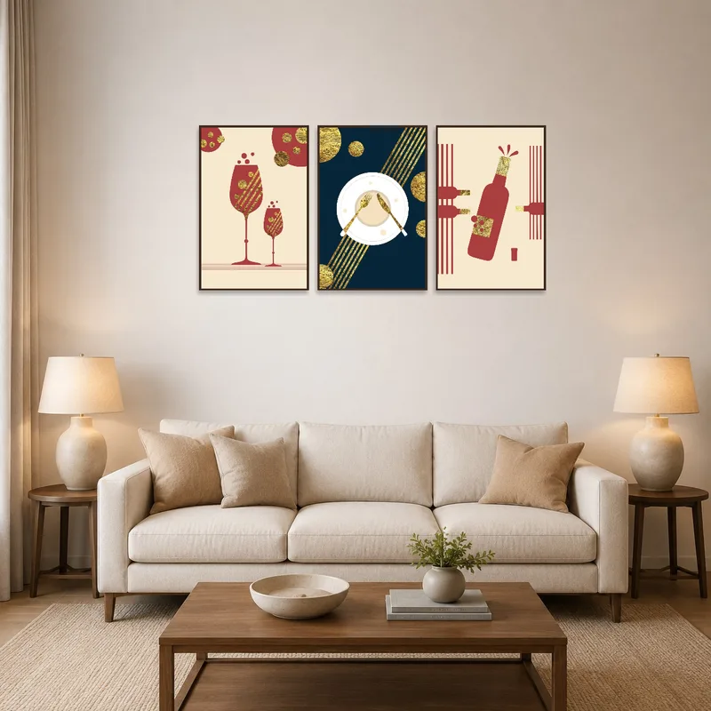 Triptych set hung above a modern sofa in a cozy living room.