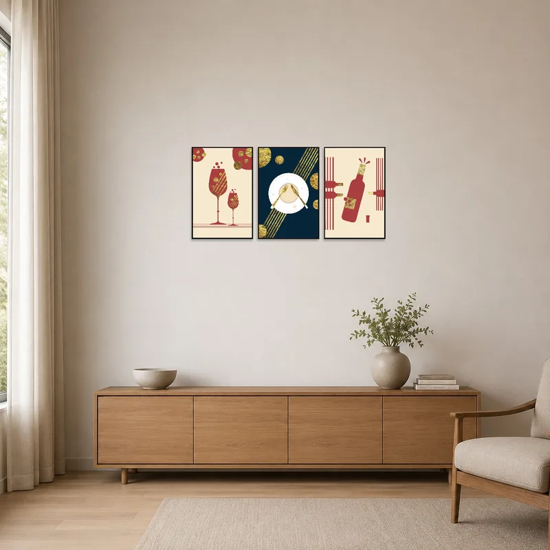Wine-themed triptych adds subtle charm to a minimalist space.