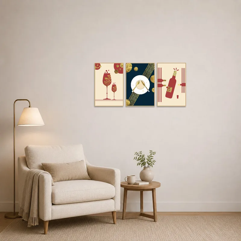 Set of wine-themed art accentuates a relaxed reading corner.