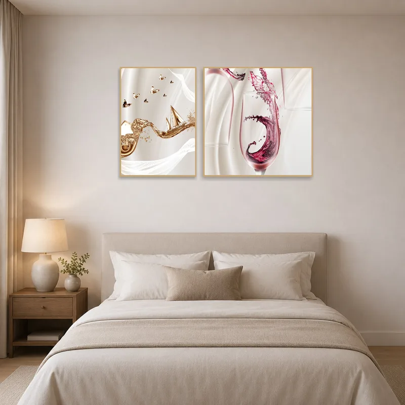 Wine and nautical themed art set adding charm and serenity to a peaceful bedroom ambiance.