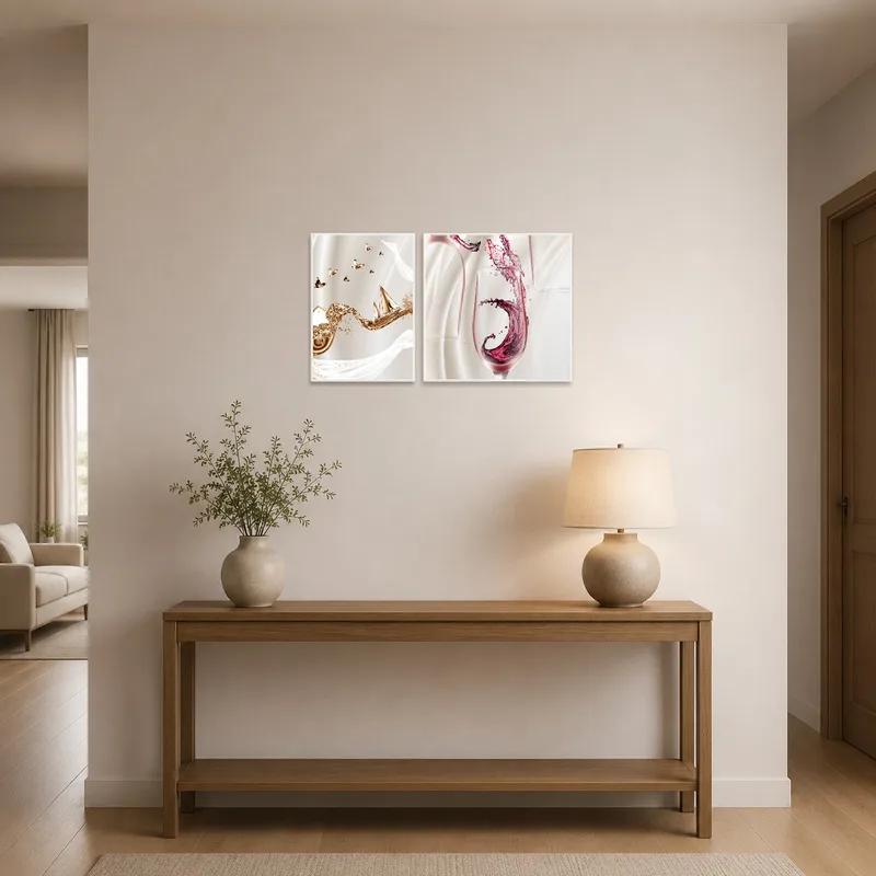 Entrance hall showcasing a vibrant art set that blends wine and ocean elements beautifully.