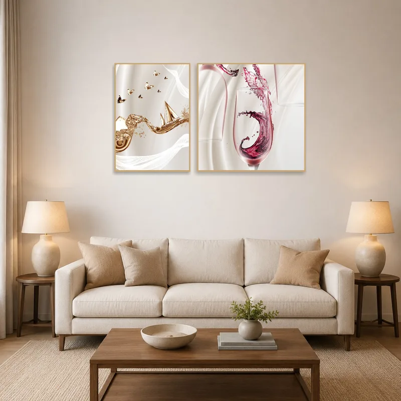 A sophisticated wall art set featuring wine and nautical themes in a cozy living room setting.