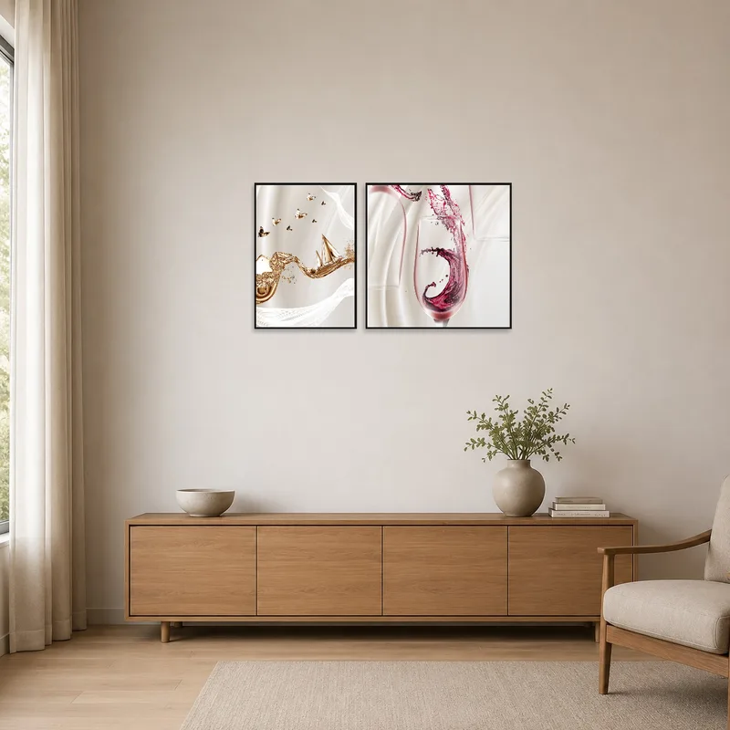 Minimalist room with a sleek art set depicting wine and nautical motifs as the focal point.