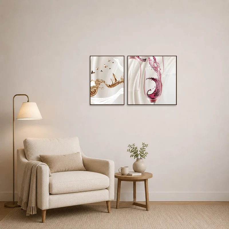 Reading corner adorned with an elegant art set portraying wine imagery and oceanic dreams.