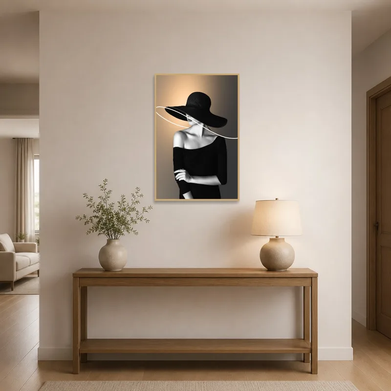 Entrance hall featuring woman in hat monochrome art piece.