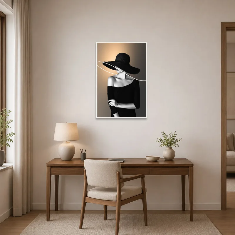 Home office with stylish monochrome woman with hat artwork.