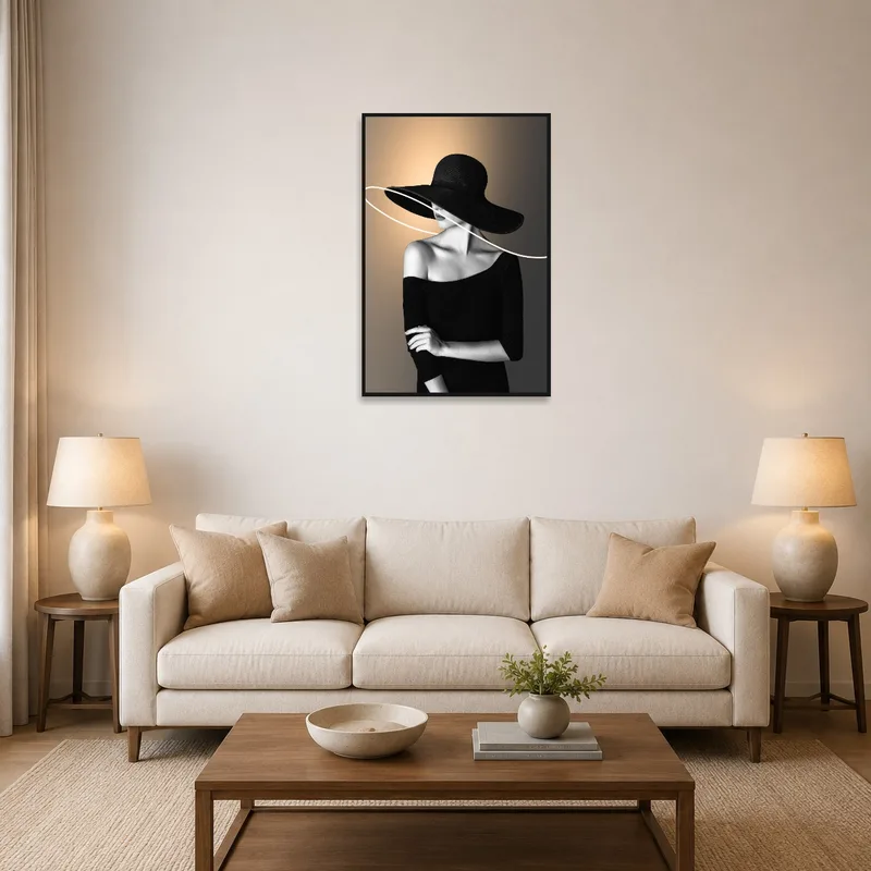 Monochrome artwork of woman with hat on a living room wall.