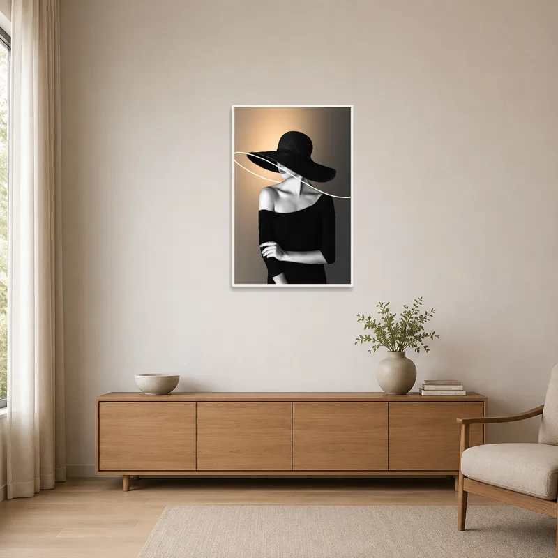 Minimalist room showcasing elegant woman in hat artwork.