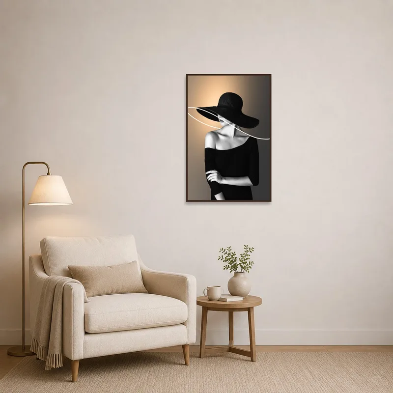 Reading corner adorned with monochrome woman with hat art.