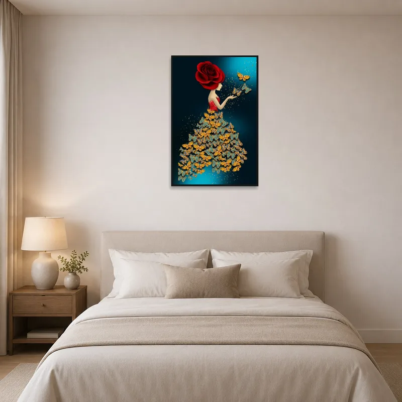 Romantic artwork of woman with rose and butterflies in a serene bedroom.