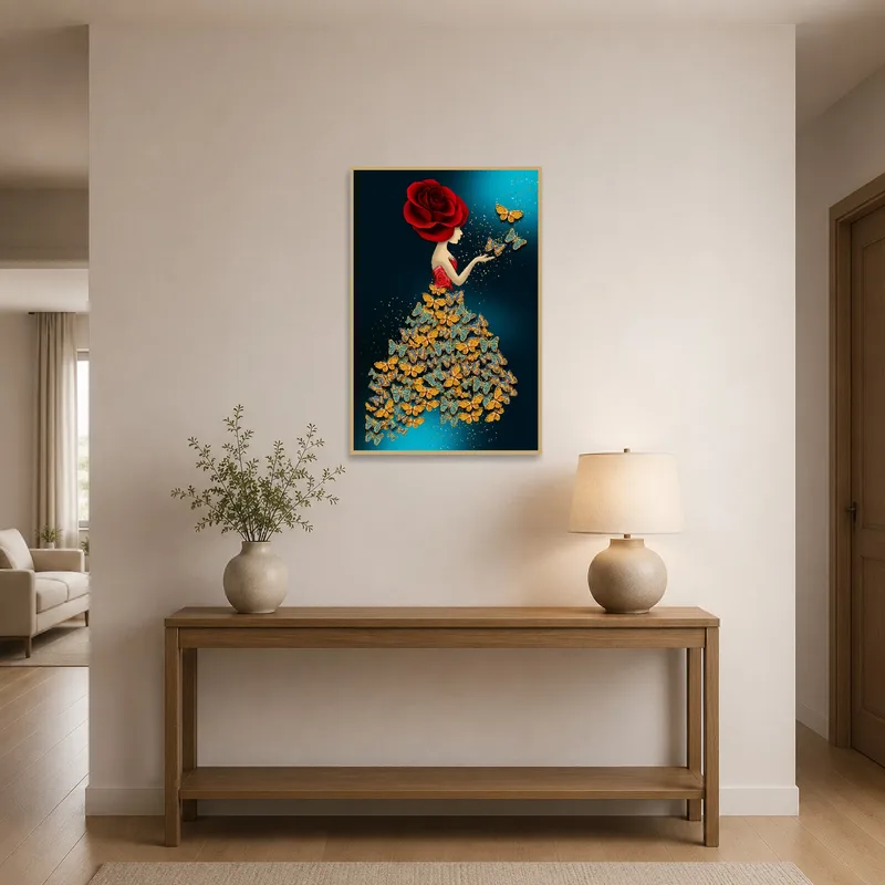 Graceful woman, rose, and butterflies art piece in an entrance hall.