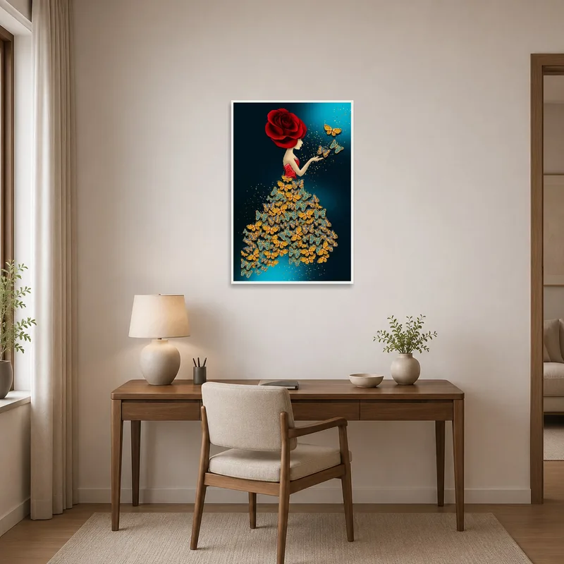 Sophisticated woman and rose with butterflies in a stylish home office.