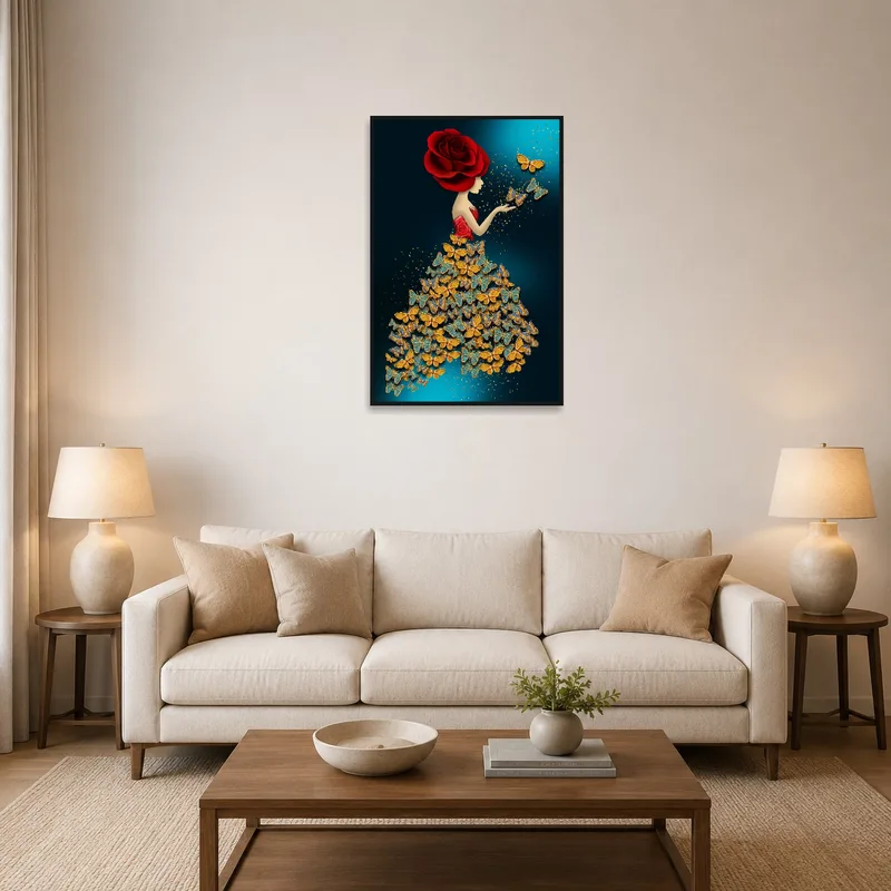 Artwork of elegant woman with rose and butterflies in a cozy living room setting.