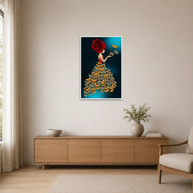 Stylized portrait of woman with rose and butterflies in a minimalist room.