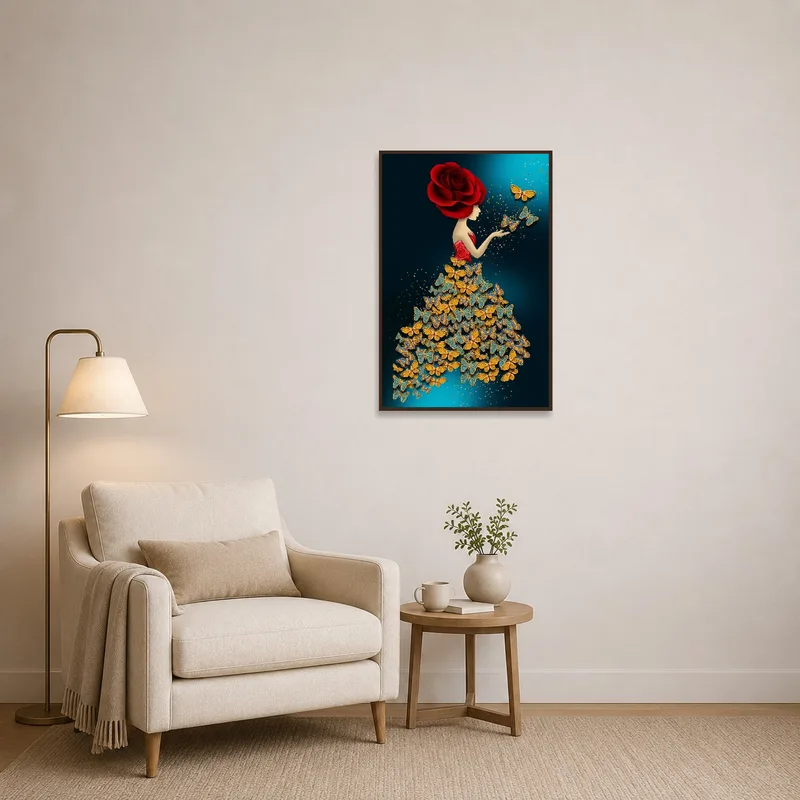Woman with rose and butterflies art adding charm to a reading corner.