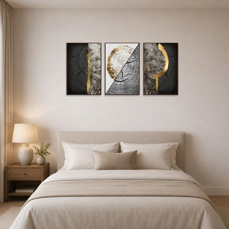 Calming wood and gold brushstroke art as the focal point in a bedroom.