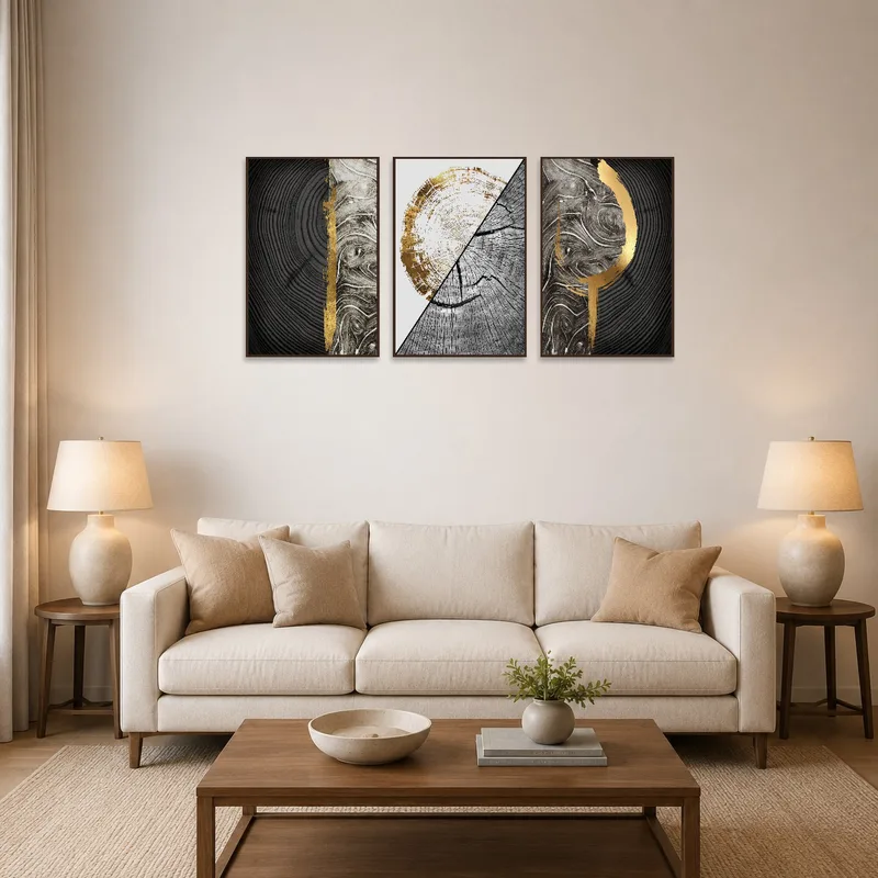 Triptych with wood and gold accents above a modern living room sofa.