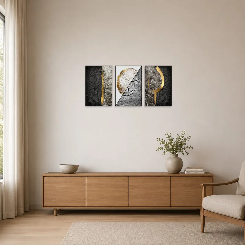 Wood grain and gold triptych enhancing a minimalist room's aesthetic.