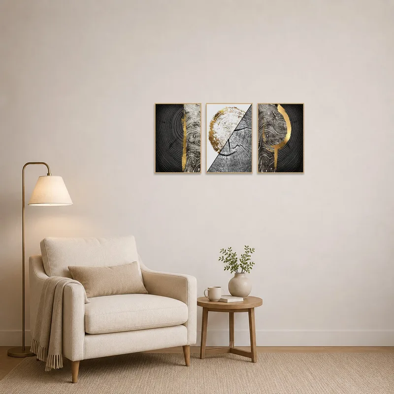Artistic wood and gold triptych adding warmth to a reading nook.