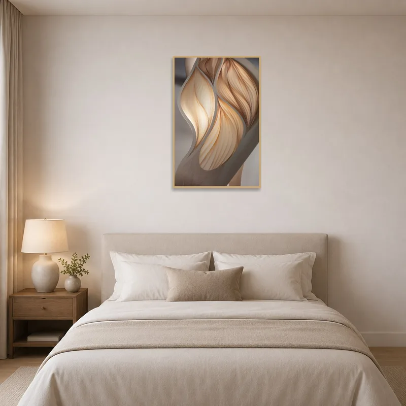 Wave Form print providing a calming vibe to a serene bedroom setting.