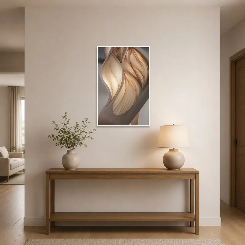 Wooden Wave artwork welcoming guests in an entrance hall with a sleek console.