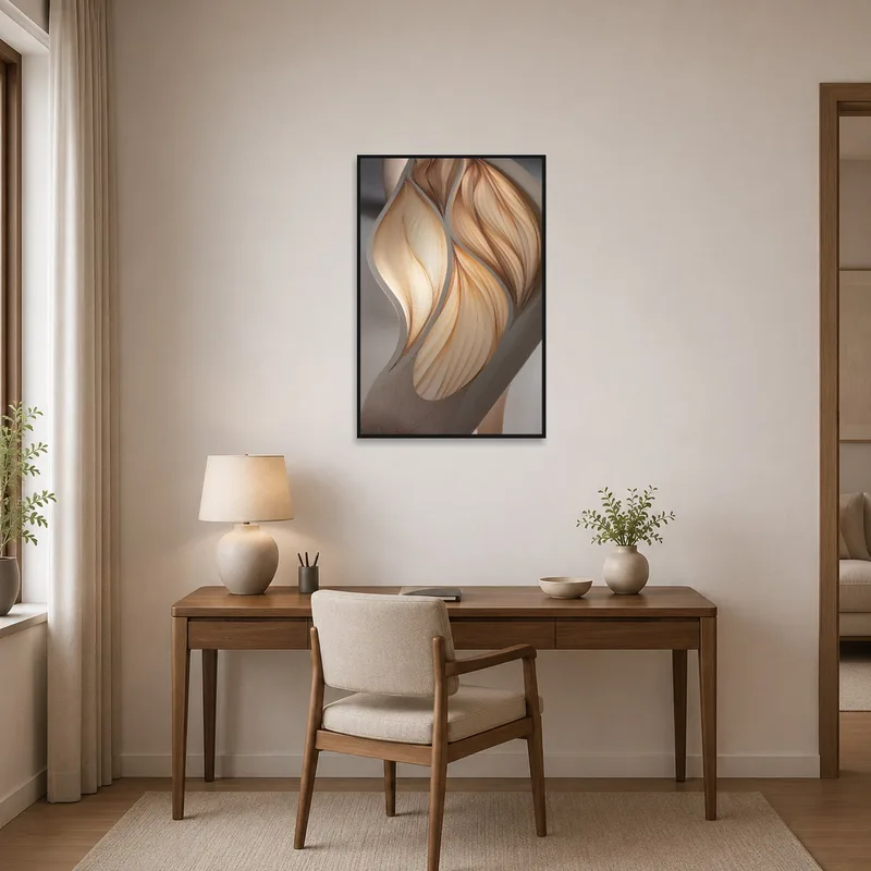 Sculptural print enhancing a home office's creative and studious atmosphere.